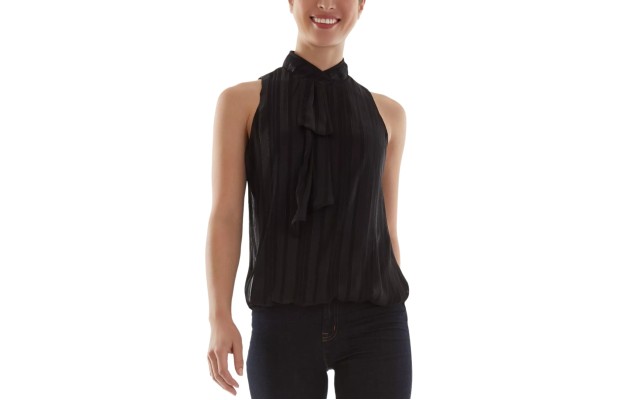  Juniors’ Shadow-Striped Tie-Neck Metallic-Threaded Top, Black, XL