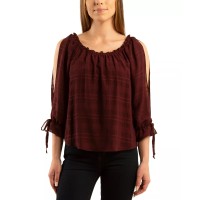 Bcx Juniors’ Split-Sleeve Peasant Top, Red Plaid, Medium
