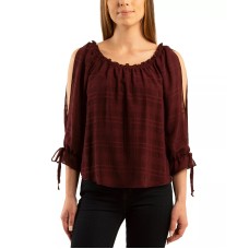 Bcx Juniors’ Split-Sleeve Peasant Top, Red Plaid, Medium