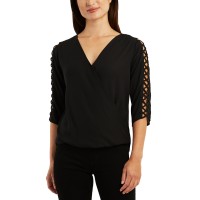 Bcx Juniors’ Surplice V-Neck Latticed 3/4-Sleeve Top, Black, Medium