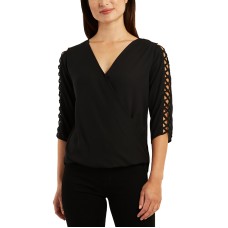 Bcx Juniors’ Surplice V-Neck Latticed 3/4-Sleeve Top, Black, Medium
