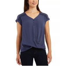Bcx Juniors’ Twist Front Lace Panel Short Sleeve Top, Denim, Small