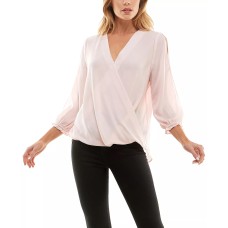 Bcx Juniors’ Woven Faux-Wrap 3/4-Ruffle-Trim-Sleeve Top, Blush, Large