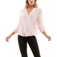 Bcx Juniors’ Woven Faux-Wrap 3/4-Ruffle-Trim-Sleeve Top, Blush, XL