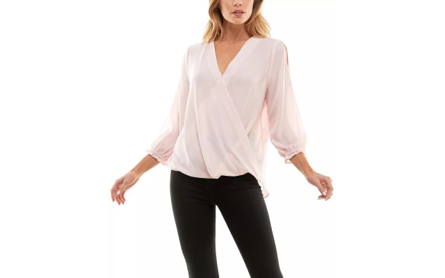  Juniors’ Woven Faux-Wrap 3/4-Ruffle-Trim-Sleeve Top, Blush, XL