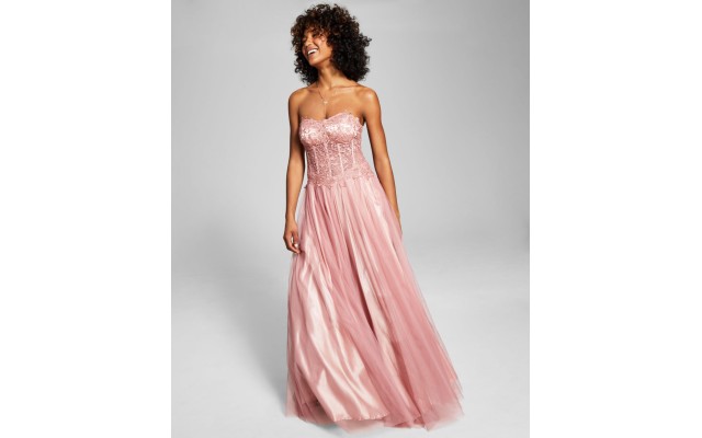  Womens Juniors’ Embroidered-Corset Gown, Pink/7