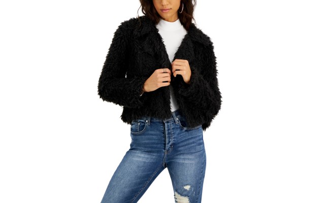  Juniors Faux Fur Open Front Jacket, Black, XL