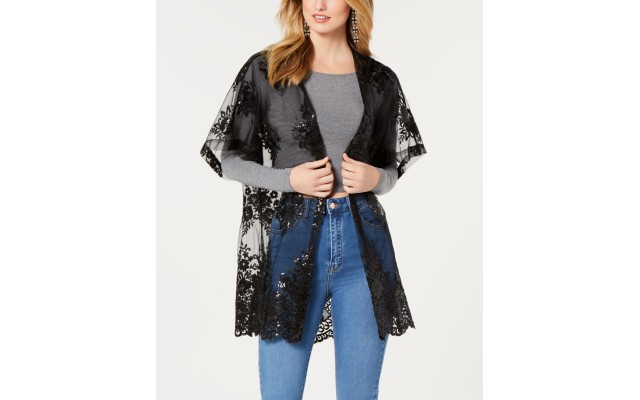 Betsey Johnson Crystal Garden Hooded Kimono, Black, One Size