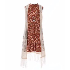 Big Girls Printed Baby Doll Dress with Fringe Crochet Vest
