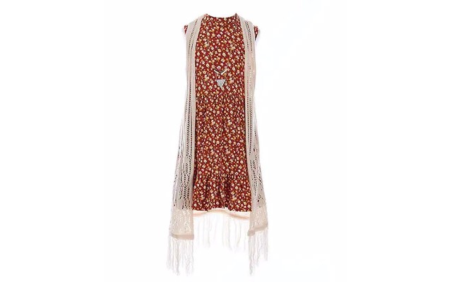 Big Girls Printed Baby Doll Dress with Fringe Crochet Vest