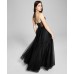  Juniors’ Applique Halter Mesh Gown Dress, Black, 5