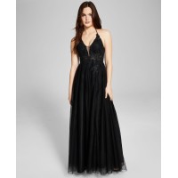 Blondie Nites Juniors’ Applique Halter Mesh Gown Dress, Black, 5