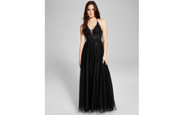  Juniors’ Applique Halter Mesh Gown Dress, Black, 5