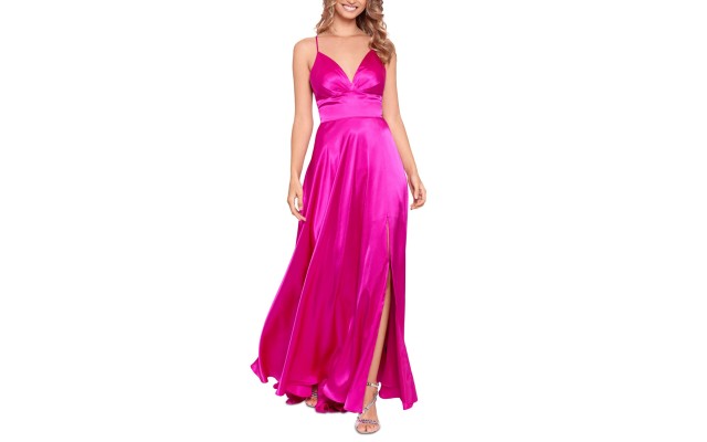  Womens Juniors’ Corset-Back Satin Gown, Pink/5