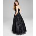  Womens Juniors’ Glitter Illusion-Strap Mesh Ball Gown Dress, Black/1