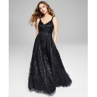 Blondie Nites Womens Juniors’ Glitter Illusion-Strap Mesh Ball Gown Dress, Black/1