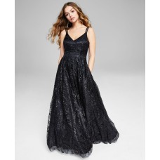 Blondie Nites Womens Juniors’ Glitter Illusion-Strap Mesh Ball Gown Dress, Black/1