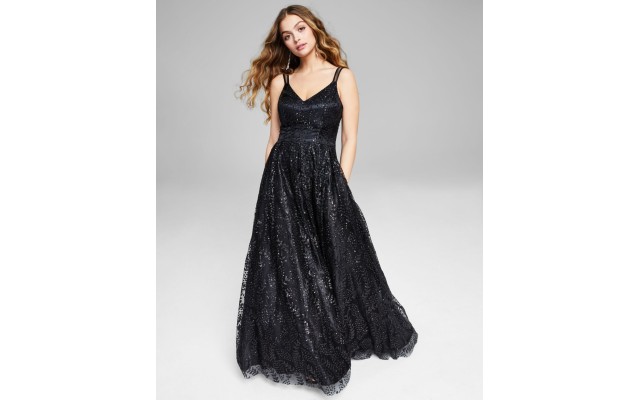  Womens Juniors’ Glitter Illusion-Strap Mesh Ball Gown Dress, Black/1
