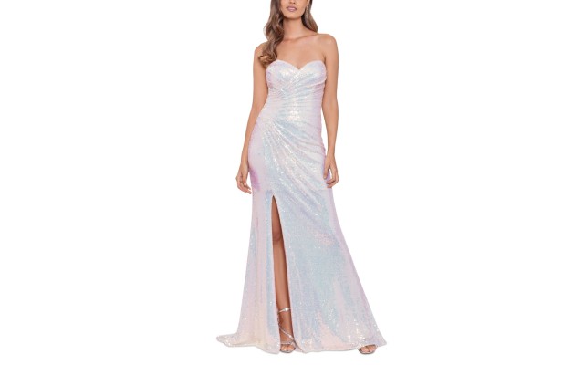  Womens Juniors’ Pleated Sequined Ball Gown Dress, White/0