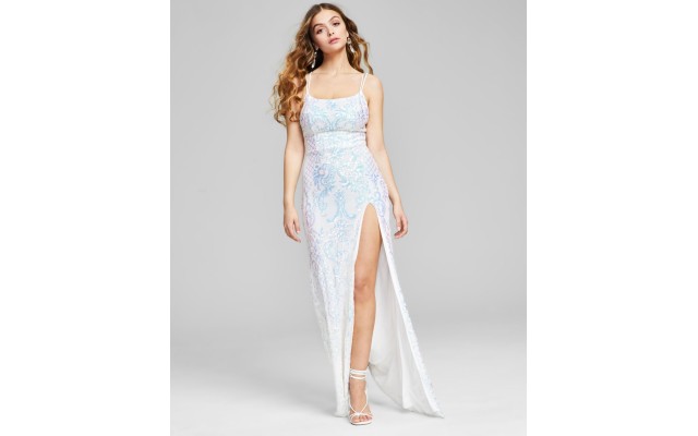  Womens Juniors’ Sequinned-Pattern Strappy-Back Gown, White/9