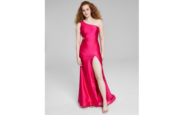  Women’s One-Shoulder Satin Gown Dress, Pink, 3