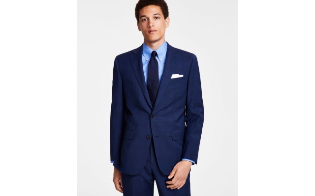  Men’s Classic-Fit Stretch Pinstripe Wool Blend Suit Jackets, Navy, 42R