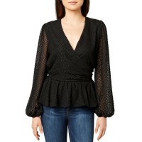 Buffalo David Bitton Womens Textured Peplum Tops, Black, Small