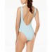  Women’s Ribbed Lace-Up Cheeky One-Piece Swimsuit, Blue, Large