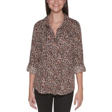 Calvin Klein Jeans Animal-Print Button-Down Top, Maple Combo, Small
