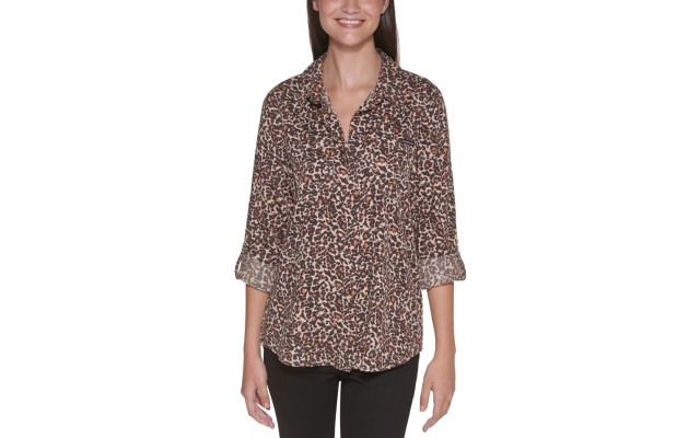  Jeans Animal-Print Button-Down Top, Maple Combo, Small