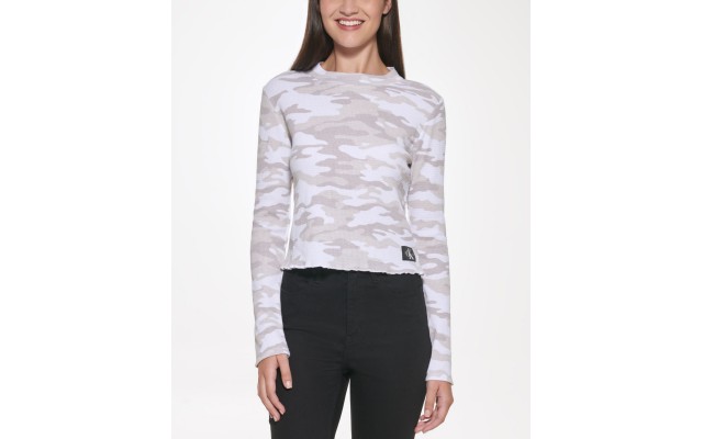  Camo Waffle Knit Top, Beige/XL