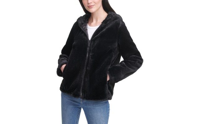  Jeans Hooded Faux-Fur Zip-Front Jacket, Black, Large