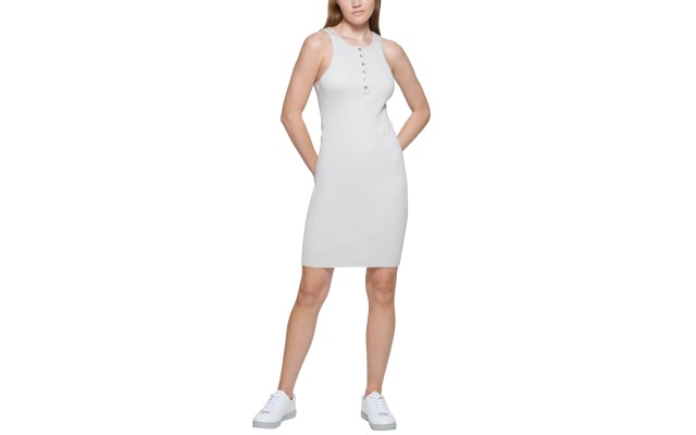  Ribbed Sleeveless Henley Dress, Birch, XL
