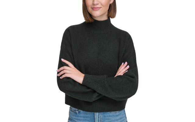  Jeans Women’s Boxy Cropped Long Sleeve Mock Neck Sweater – Black, X-Large