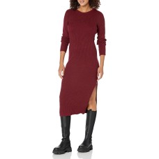 Calvin Klein Jeans Women’s Ribbed Long Sleeve Crewneck Side Slit Dress,Syrah, Large