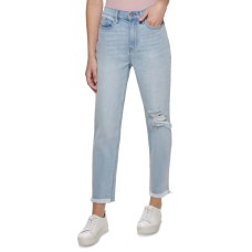Calvin Klein Jeans Womens Ripped Raw-Hem High Rise Straight Jeans
