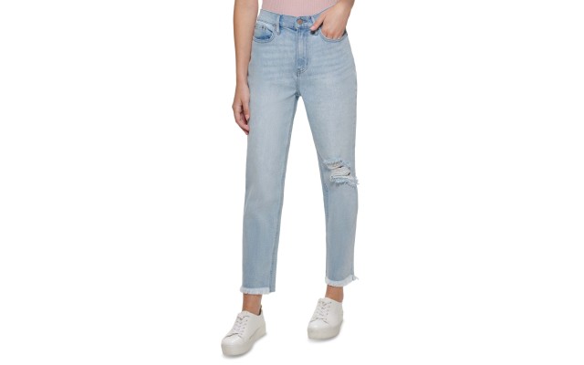  Womens Ripped Raw-Hem High Rise Straight Jeans, Blue, 31