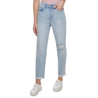 Calvin Klein Jeans Womens Ripped Raw-Hem High Rise Straight Jeans, Blue, 32