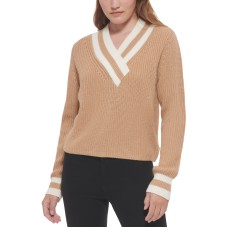 Calvin Klein Jeans Women’s Striped V-Neck Knit Top, Wheat/Mascarpone, Large
