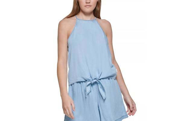  Womens Tie-Waist Halter Top, Blue, XS