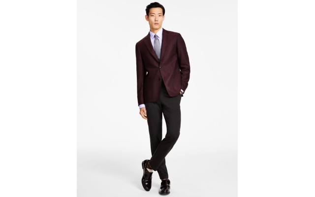  Men’s Slim-Fit Wool Woven Herringbone Sport Coat, Burgundy, 38R