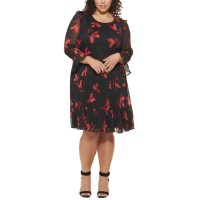 Calvin Klein Womens Floral Plus Size Ruffled Dress, Red/18W