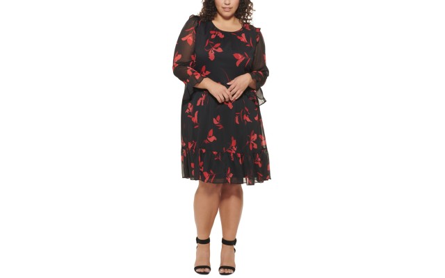  Womens Floral Plus Size Ruffled Dress, Red/18W