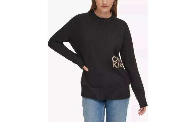  Women’s Intarsia Logo Oversized Crewneck Sweater, Black, X-Small