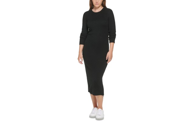  Womens Long Sleeve Crew Neck Dress with Side Slit Zipper Sweater,Black,Small