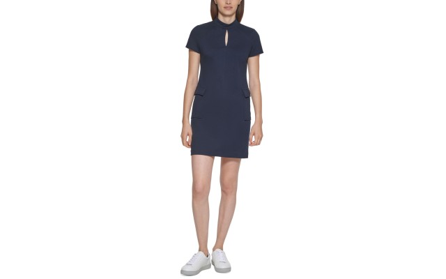  Womens Petite Keyhole A-Line Dress, Navy/6P