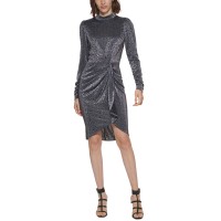 Calvin Klein Womens Petite Metallic Animal-Print Ruched Dress, Silver/12P