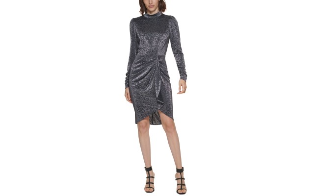  Womens Petite Metallic Animal-Print Ruched Dress, Silver/12P