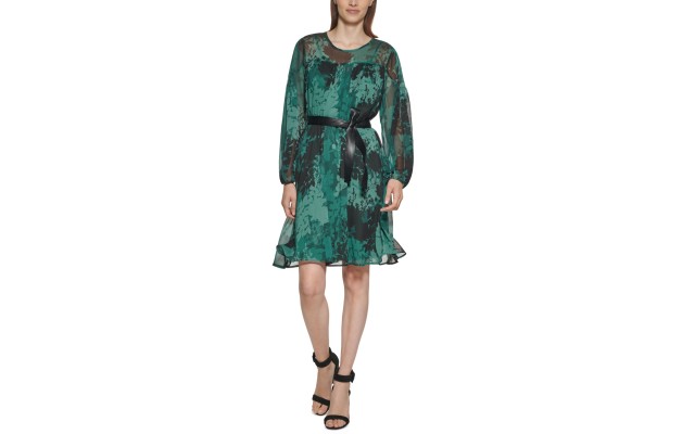  Womens Petite Printed Belted Fit & Flare Dress, Green/10P