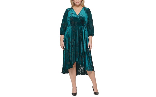  Womens Plus Size Velvet A-Line Midi Dress, Aqua/22W